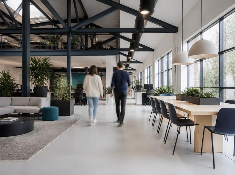 A bright open-plan workspace in a converted warehouse, two colleagues walking through