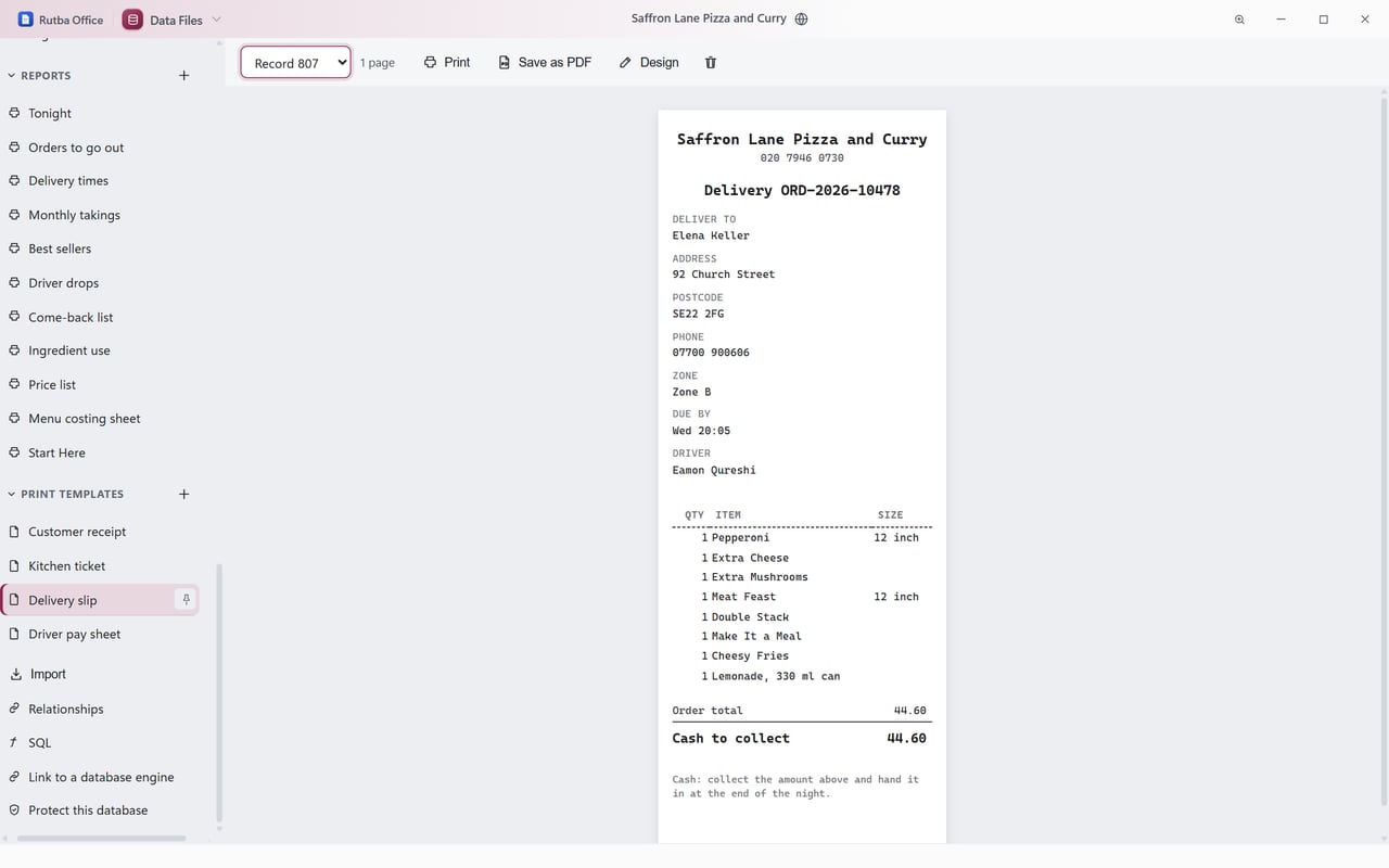 A takeaway’s delivery slip printed from Data Files on a narrow roll: the customer, address, postcode, phone, zone, due time and driver, the items with their sizes, the order total, the cash to collect, and a note to hand the cash in at the end of the night.