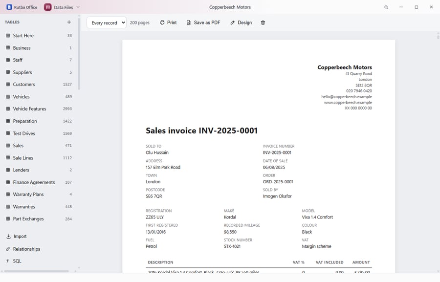 The Copperbeech Motors sample in Data Files: tables for vehicles, test drives, sales, finance agreements and part exchanges, beside a sales invoice for a used car with its registration, mileage and VAT scheme.
