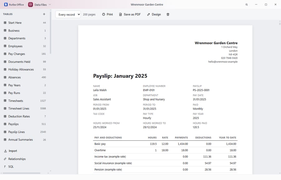 A garden centre’s staff database printing a January payslip: the employee’s details and pay period, then basic pay, overtime and deductions with year-to-date figures.