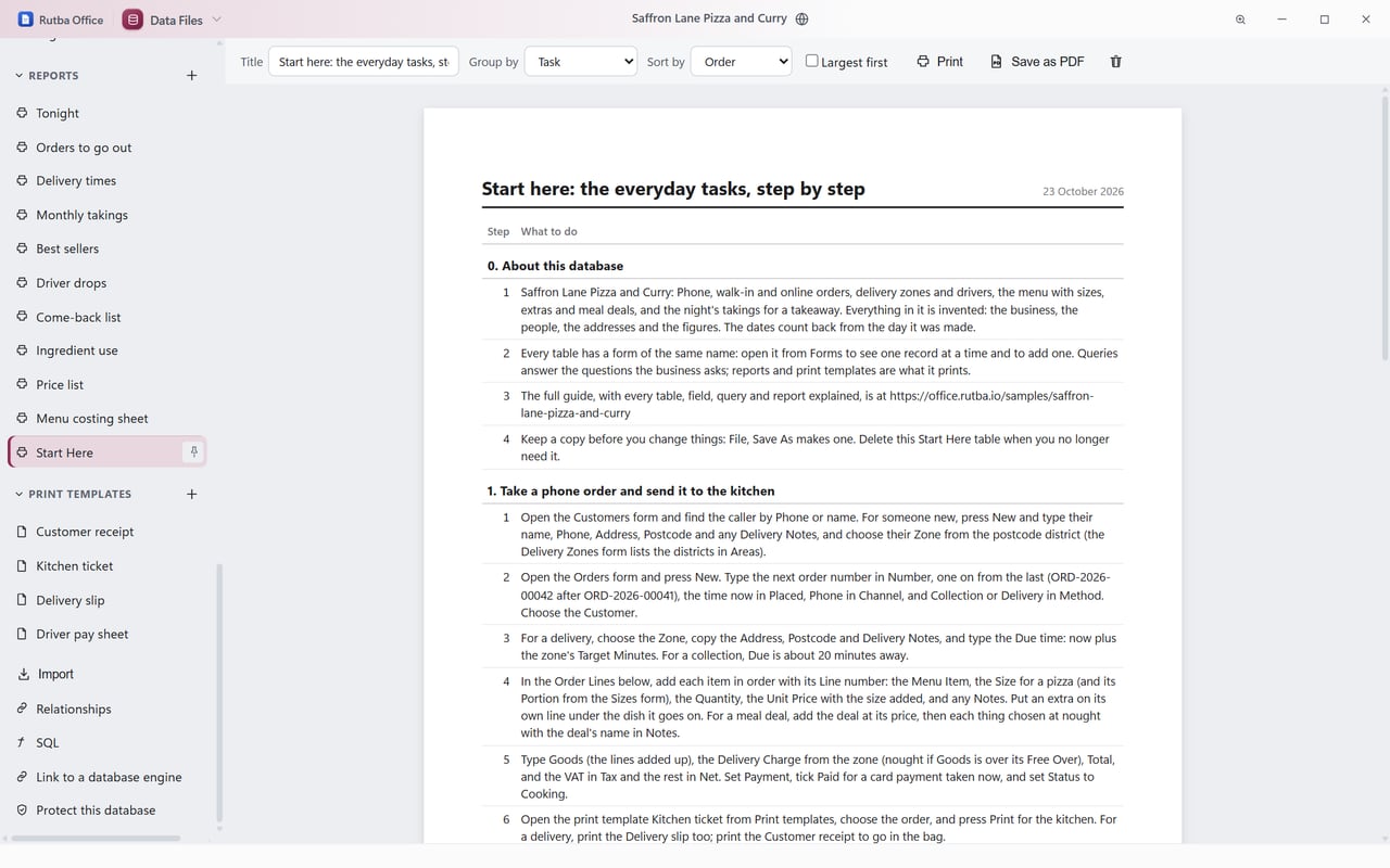 The Start Here report of a takeaway database in Data Files: a page headed Start here, the everyday tasks, step by step, with numbered steps for taking a phone order and sending it to the kitchen.