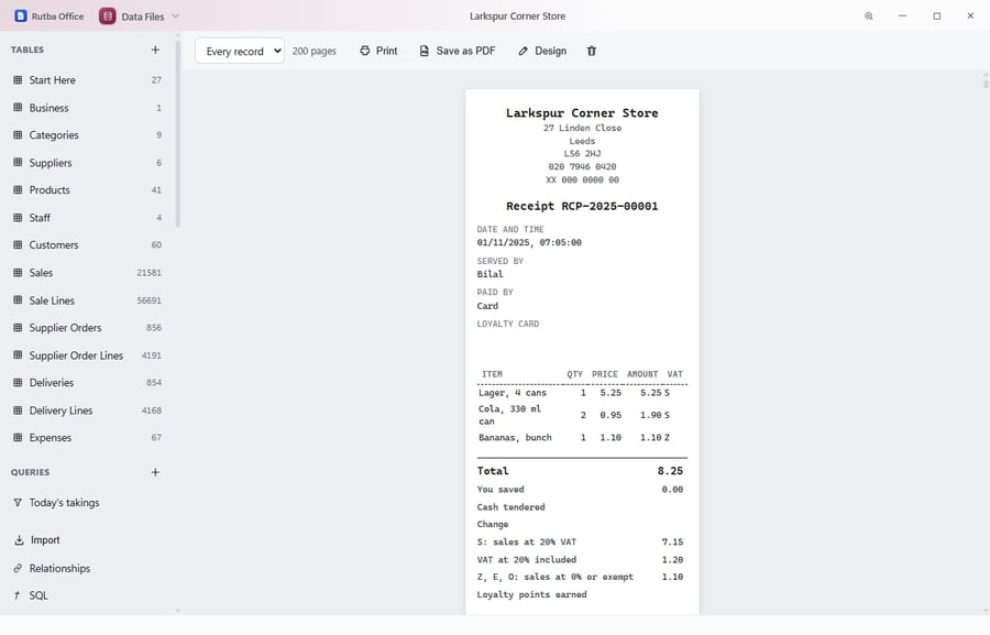 A corner shop database printing a till receipt on a narrow roll: the shop’s name and address, the items with quantity, price and VAT code, the total, and the VAT split below it.
