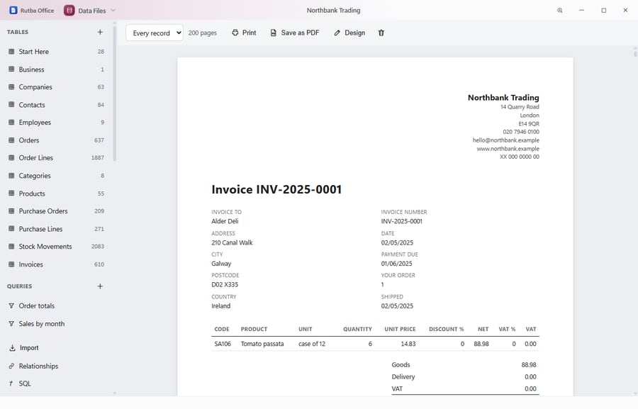 The Northbank Trading wholesale database in Data Files: tables for companies, orders, products, purchase orders and stock movements, beside an invoice to a deli in Galway.