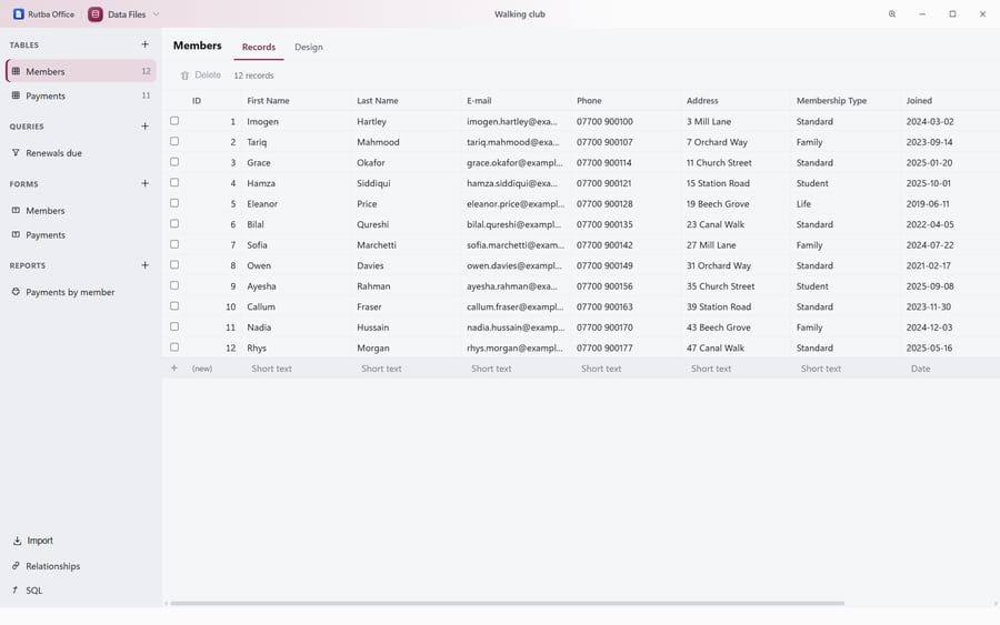 Data Files with a walking club database: Members and Payments tables, a Renewals due query, two forms and a report in the side panel, and the Members table open with twelve records.