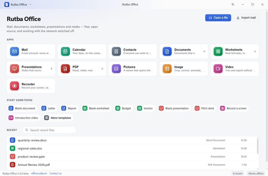 The Rutba Office launcher: tiles for the eleven apps, buttons to start a document, worksheet, presentation, introduction video or screen recording, and a list of recent files.