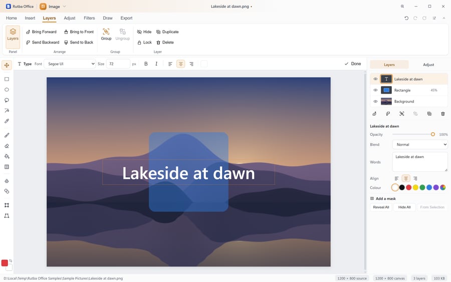 Image with three layers, a photo background, a see-through rectangle and the words Lakeside at dawn, being edited in place with a font bar above.