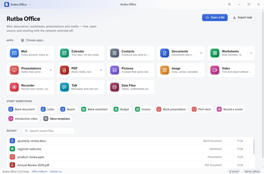 The Rutba Office launcher with thirteen app tiles, from Mail to Data Files, a Choose apps button above them, quick starts for documents, worksheets, presentations and recordings, and recent files below.
