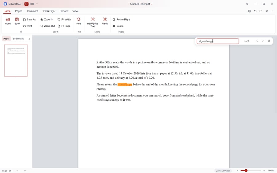 A scanned letter in the PDF app with Find highlighting the words signed copy, found after Recognise Text.