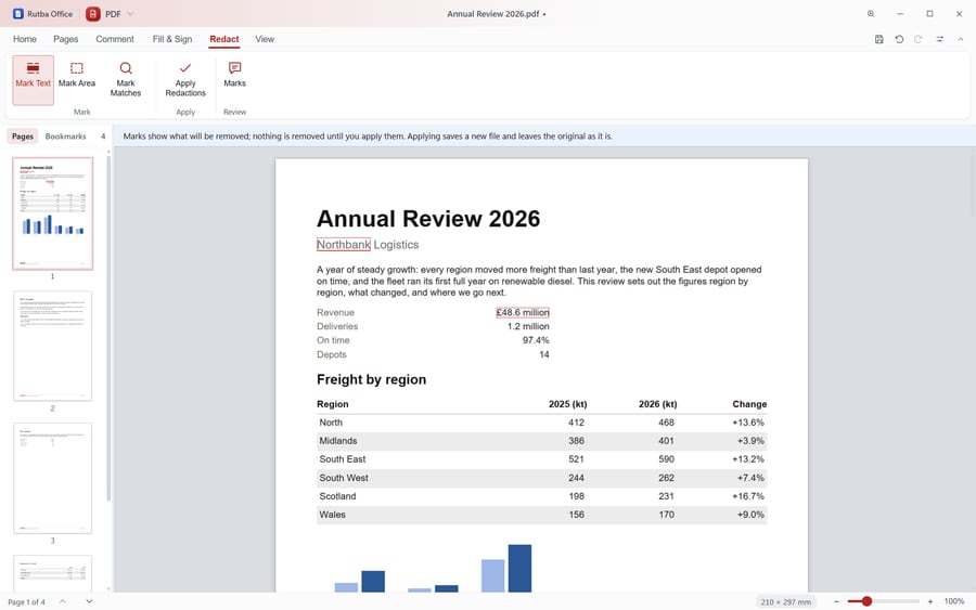 The PDF app’s Redact tab with Mark Text, Mark Area and Mark Matches, and a company name and a revenue figure marked on an annual review.