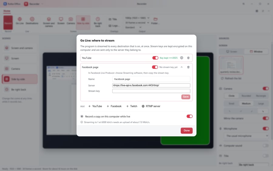 Recorder’s Go Live dialog with YouTube and a Facebook page set up as destinations, buttons to add Twitch or any RTMP server, and a switch to record a copy while live.