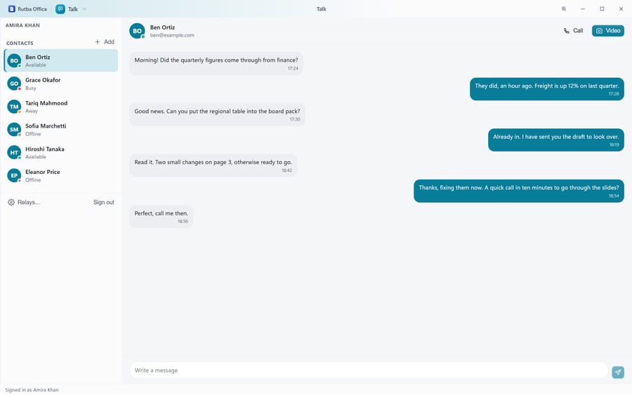 Talk signed in as Amira Khan: contacts with their status down the left, and a conversation with Ben Ortiz about the quarterly figures, with Call and Video buttons above it.