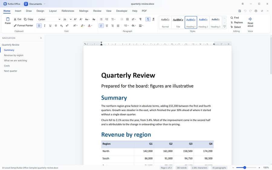 Documents with a quarterly review open on the Home tab: the Styles gallery with Normal, Title and Headings 1 to 3, and the Navigation pane listing the document’s headings.