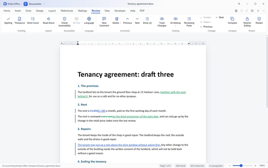Documents with a tenancy agreement open on the Review tab, its tracked insertions underlined and deletions struck through, with Compare and Redact on the ribbon.