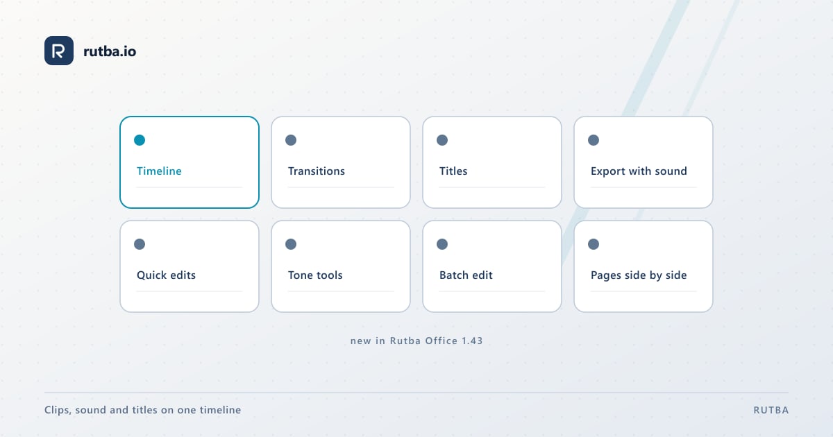 Tiles for what Rutba Office 1.43 added: a video timeline with transitions, titles and export with sound, quick edits and tone tools in Image, batch edit in Pictures, and pages side by side.