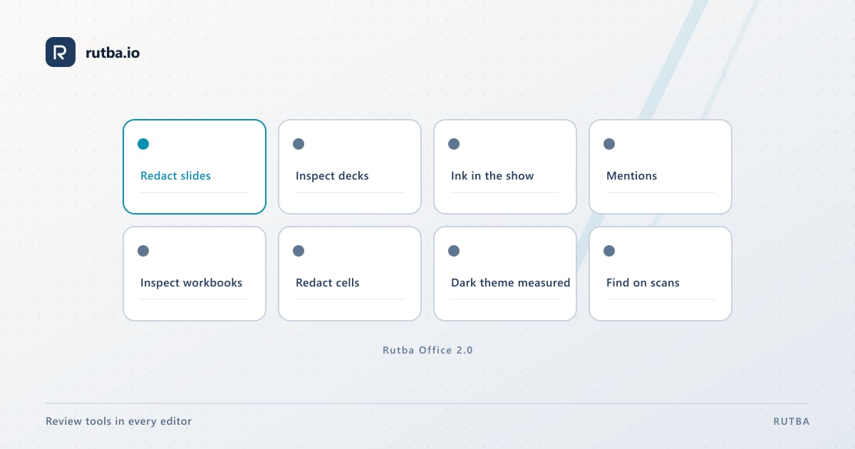 Eight tiles for what Rutba Office 2.0 adds: redacting slides, inspecting decks, ink in the slide show, mentions, inspecting workbooks, redacting cells, a measured dark theme and Find on scans.
