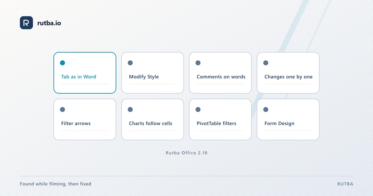 Eight tiles for Rutba Office 2.18: Tab as in Word, Modify Style, comments on words, changes one by one, filter arrows, charts that follow cells, PivotTable filters and Form Design.