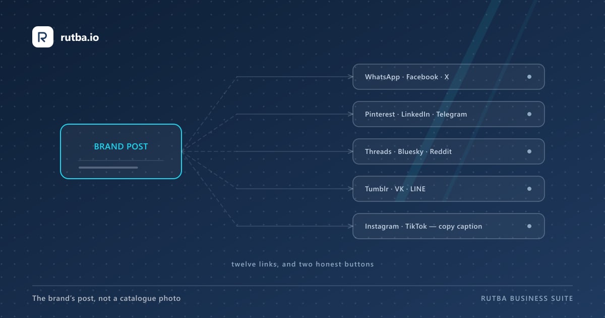 A diagram: the brand’s post fanning out to twelve share destinations in groups, with Instagram and TikTok marked as copy the caption.