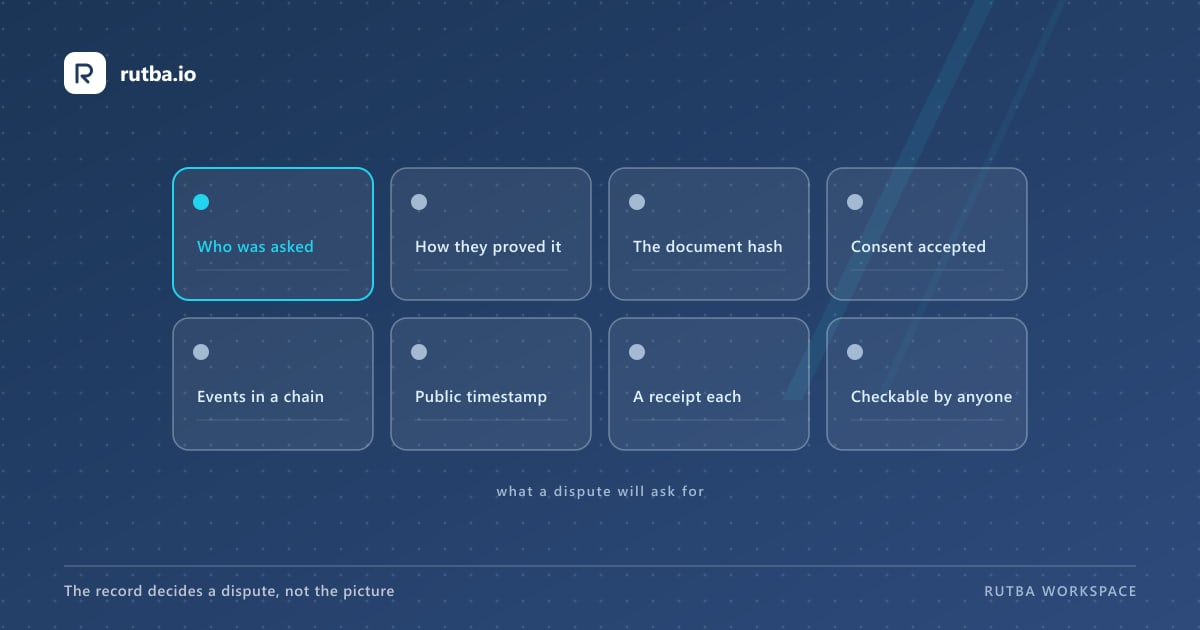 Eight tiles for what an evidence record holds: who was asked, how they proved it, the document hash, the consent accepted, the events in a chain, a public timestamp, a receipt for each party and a check anyone can run.