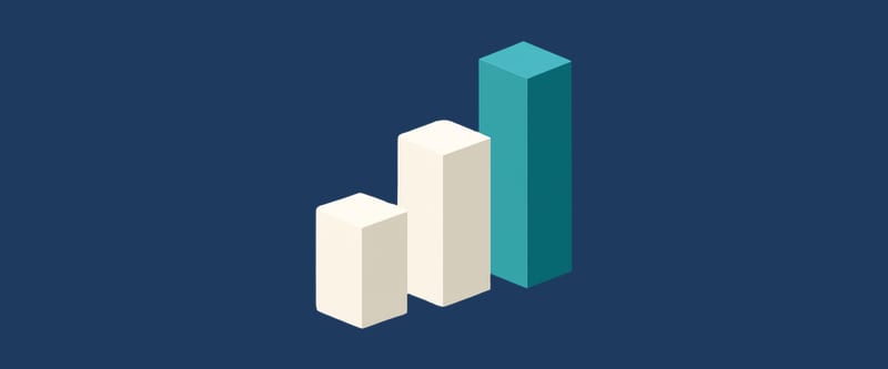 Three vertical planes of increasing height in a row, the tallest in teal