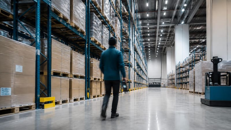 A modern high-bay warehouse aisle with a worker scanning stock