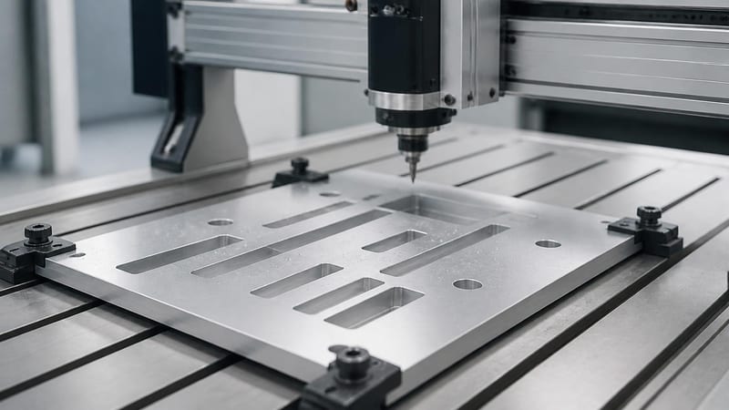 An aluminium plate clamped on a CNC bed with freshly cut channels and holes