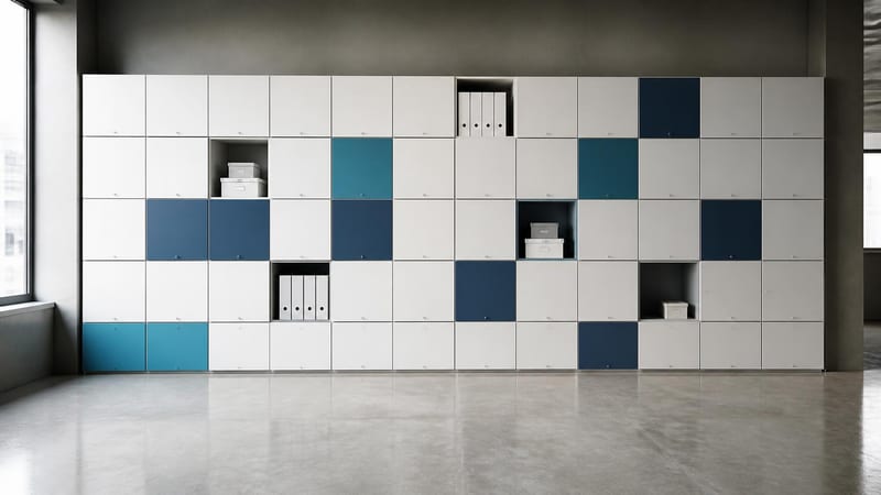 A modular storage wall of identical units in white, navy and teal, a few of them open