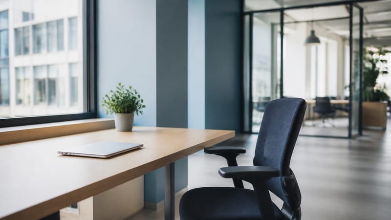 A clean desk by a window in a commercial office, a closed laptop and an empty chair