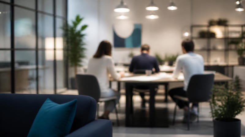 A bright studio office where a team works at a long shared table