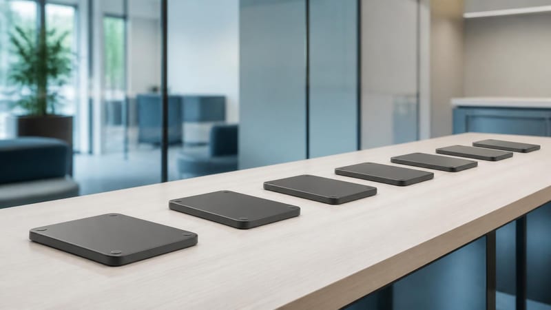 A long pale table with identical devices resting face down in a neat row