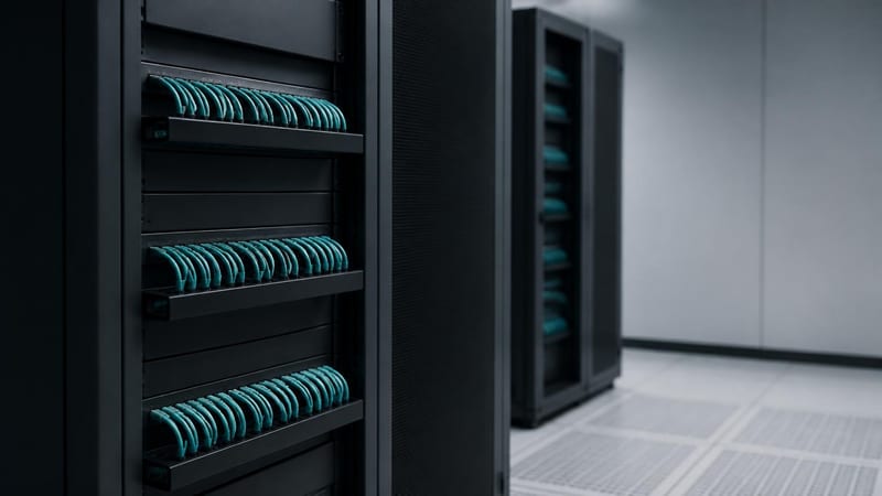 A floor-standing equipment rack with teal patch leads dressed in parallel runs