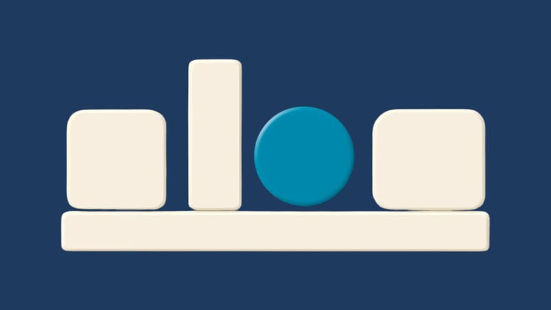 Four forms of different shapes standing in a row on one wide bar, one of them teal