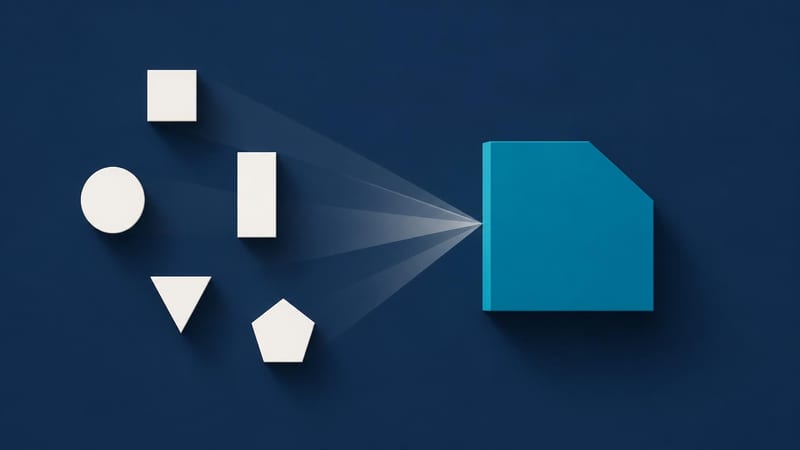 Five forms converging into one larger solid