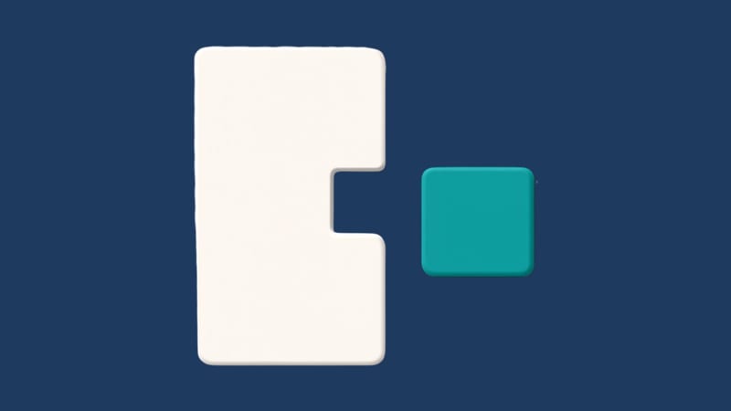 An upright rectangle with a square notch cut from its edge, and a teal square beside it