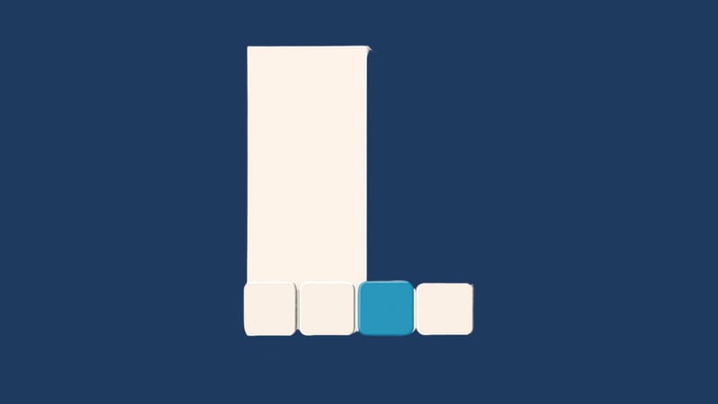 A tall upright rectangle with a row of small squares along its lower edge, one in teal
