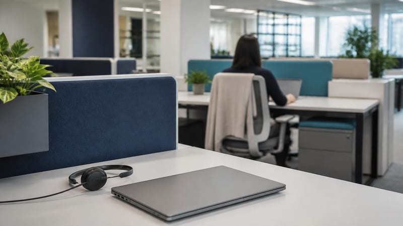A modern support team area with a headset resting beside a closed laptop