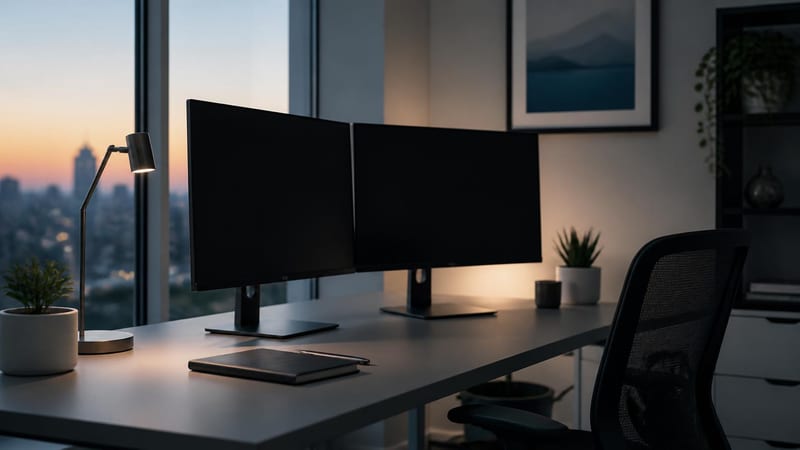 A quiet modern office at dusk, monitors dark and the desk clear