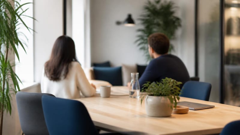 A bright meeting space with two people in conversation at a distance
