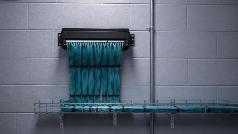 A wall-mounted patch panel with teal cables dressed down into a cable tray