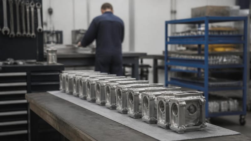 A workbench with identical machined components laid out in a row awaiting assembly