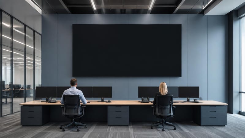 An operations room with two people at a long desk and a wall display switched off