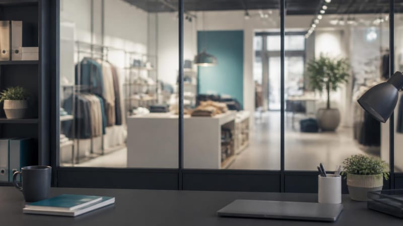 A small back office looking through glass onto the shop floor beyond