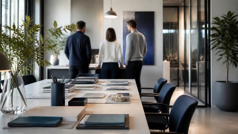 A modern studio office with people in discussion at the far end