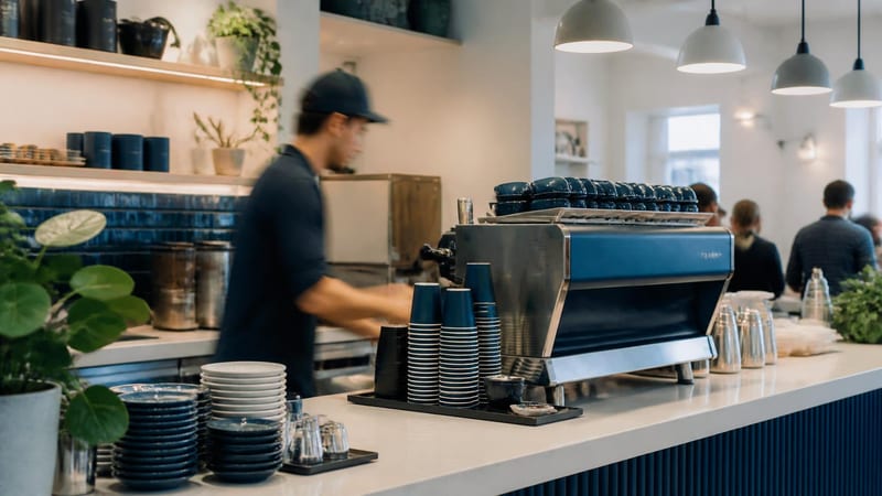 A modern café interior during service, a barista working behind the counter