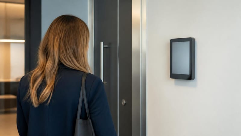 A wall-mounted clock terminal beside a staff entrance, someone approaching it