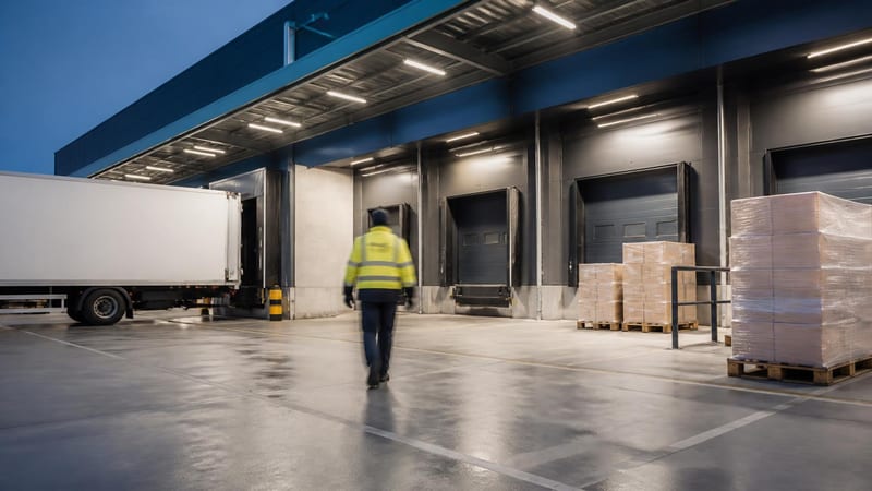 A modern loading dock with a van at the bay and wrapped pallets waiting