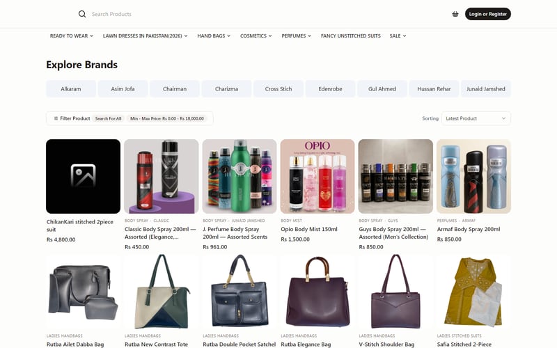 The online shop’s product listing, with product photos, names and prices