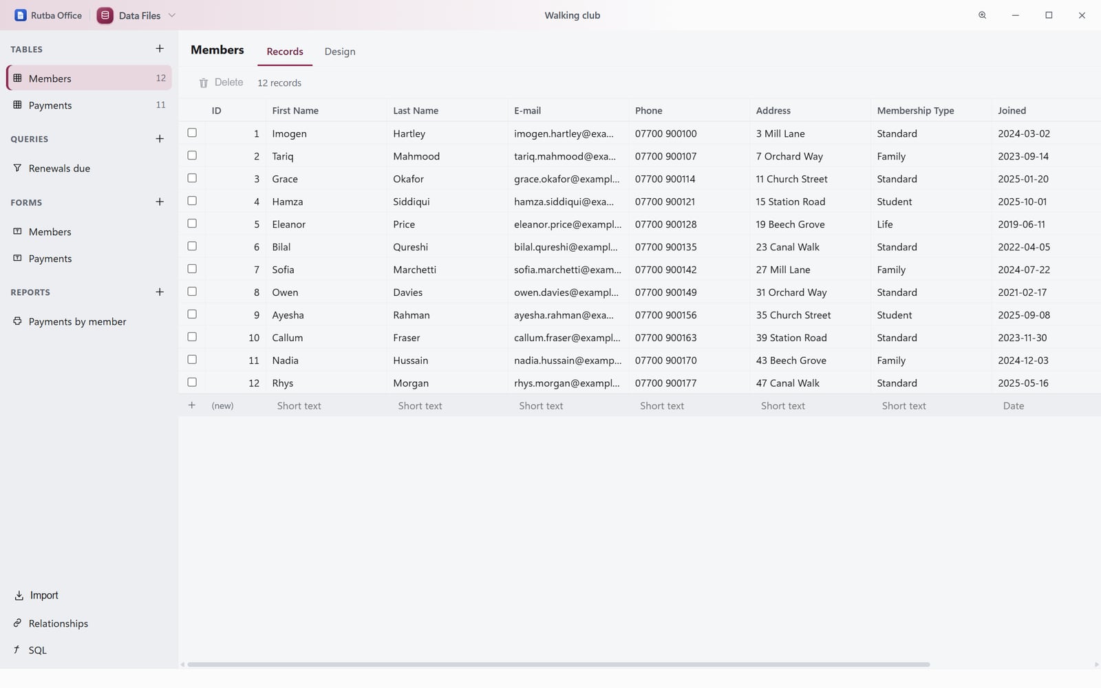 The Data Files app with a walking club’s database open: the Members table’s twelve records with names, e-mail addresses, phone numbers, addresses, membership types and joining dates, and down the side its tables, the query Renewals due, two forms and the report Payments by member