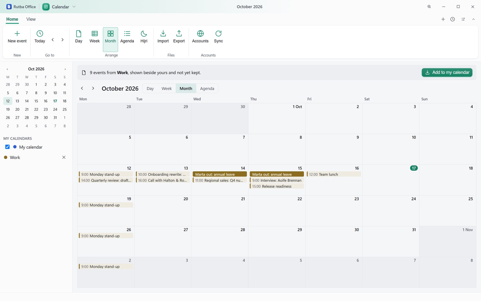 The Calendar app showing a month grid with meetings on weekday mornings and afternoons, a repeating stand-up on Mondays, an all-day entry over two days, a small month picker, and a banner offering to add the events of an opened file