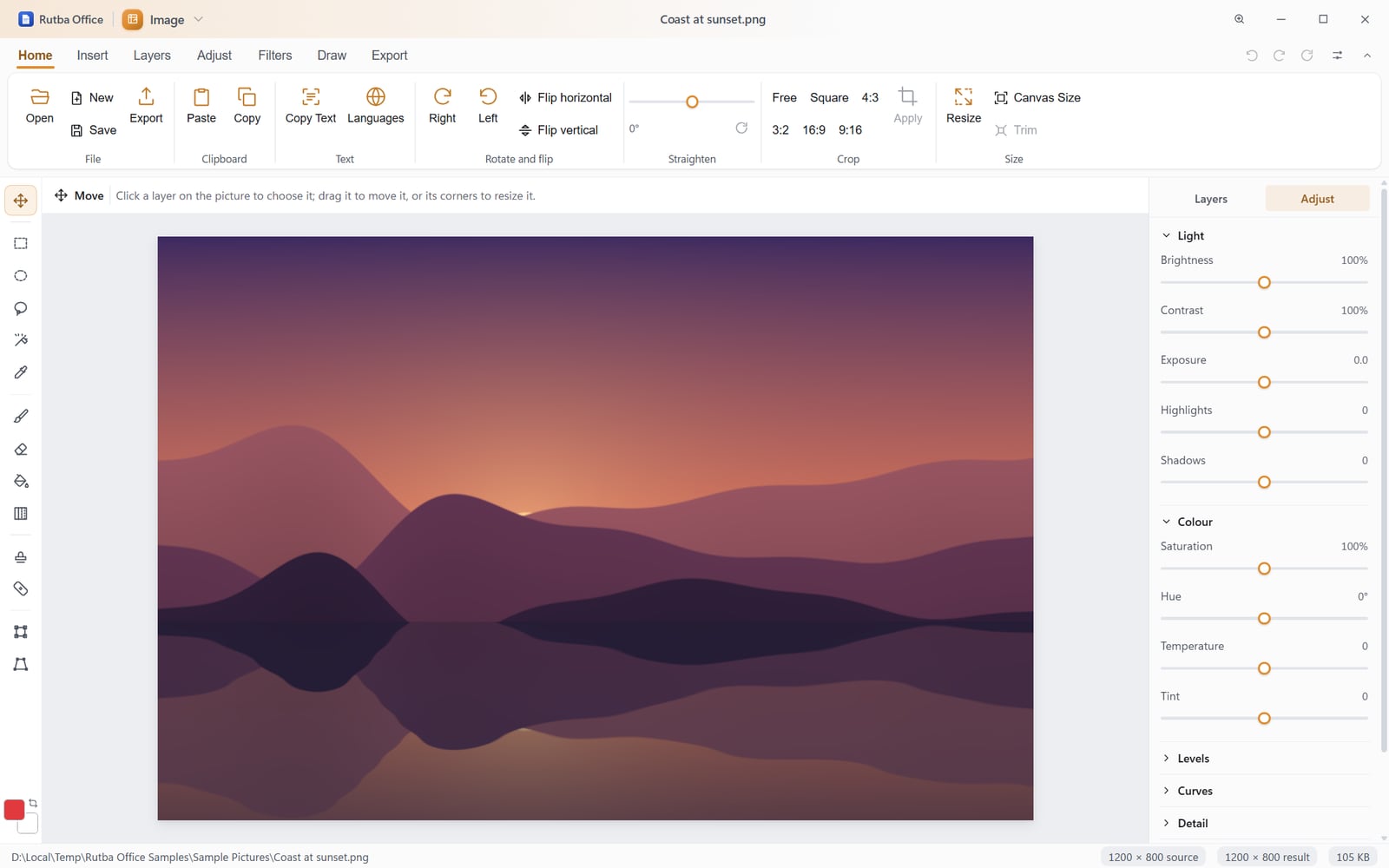 The Image app with a picture open, the Home ribbon of file, clipboard, text recognition, rotate, straighten, crop and size tools, a column of tools down the left, and a panel of light and colour sliders