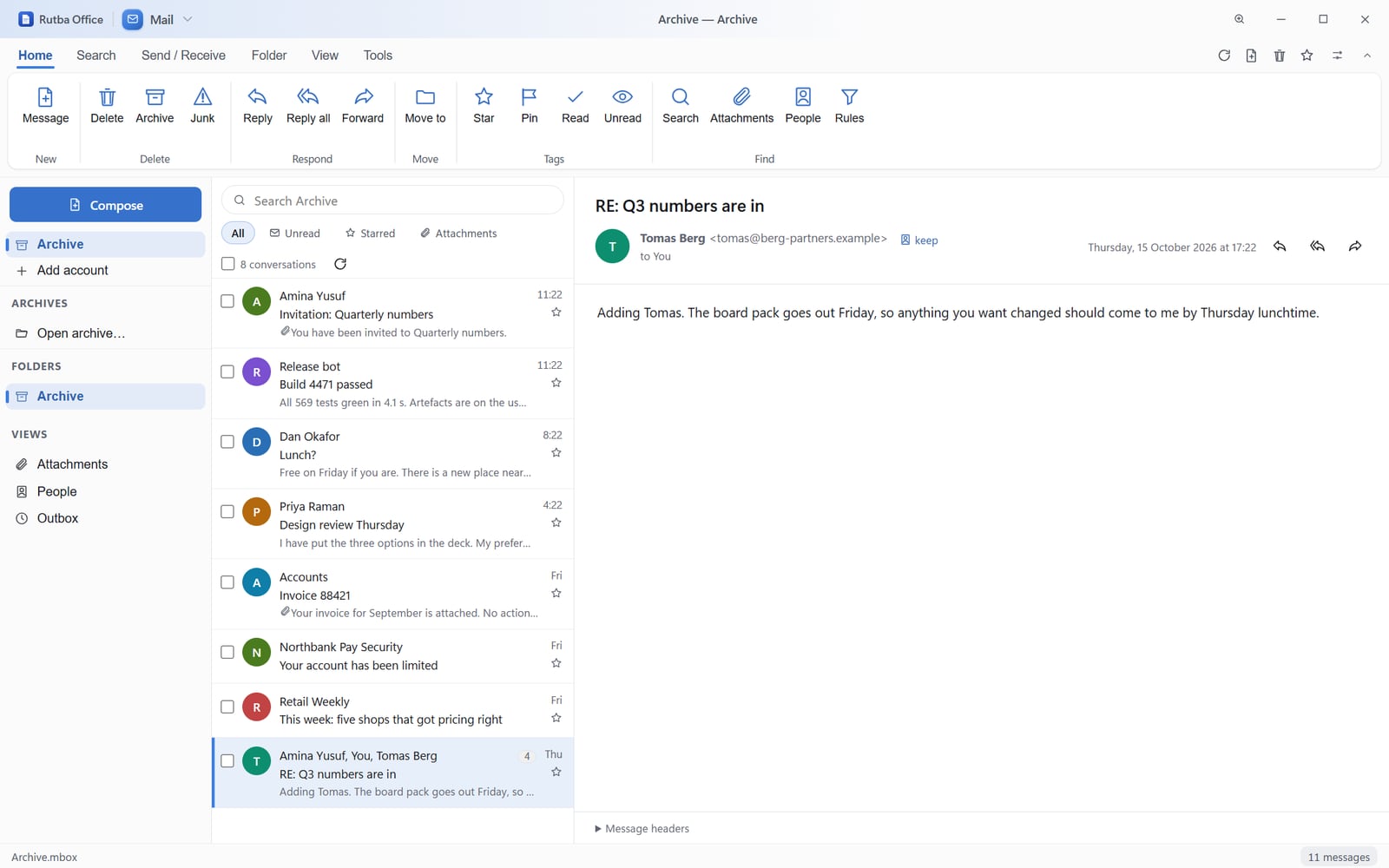 The Mail app showing a conversation list with sender avatars, unread and starred filters and the folder and archive list, with the conversation RE: Q3 numbers are in open in the reading pane, its sender, date and reply buttons above the message